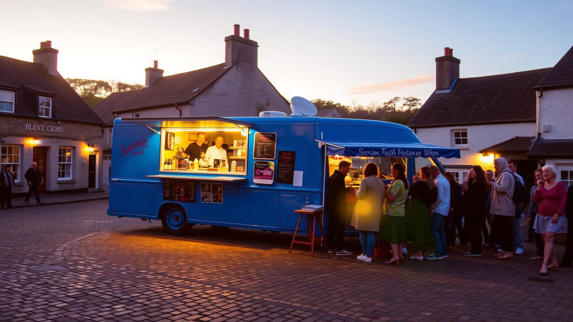Chippy van in a Scottish village at sunset